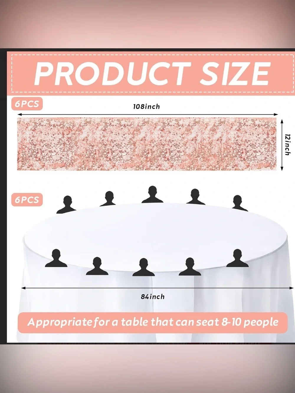 Set of 6 white tablecloths and 6 rose gold glitter sequin table runners.